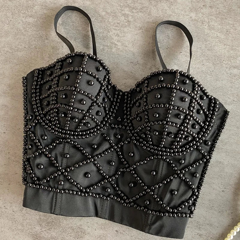 Opulent Black Beaded Bustier Camisole with Geometric Pearl Detailing