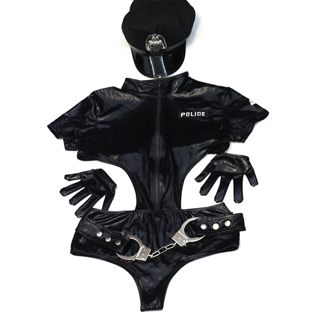 Glossy Black Faux Leather Police Bodysuit with Zip-Front and Side Cutouts
