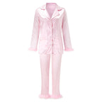 Luxurious Two-Piece Button-Down Pajama Set with Dramatic Feather Trim Accents