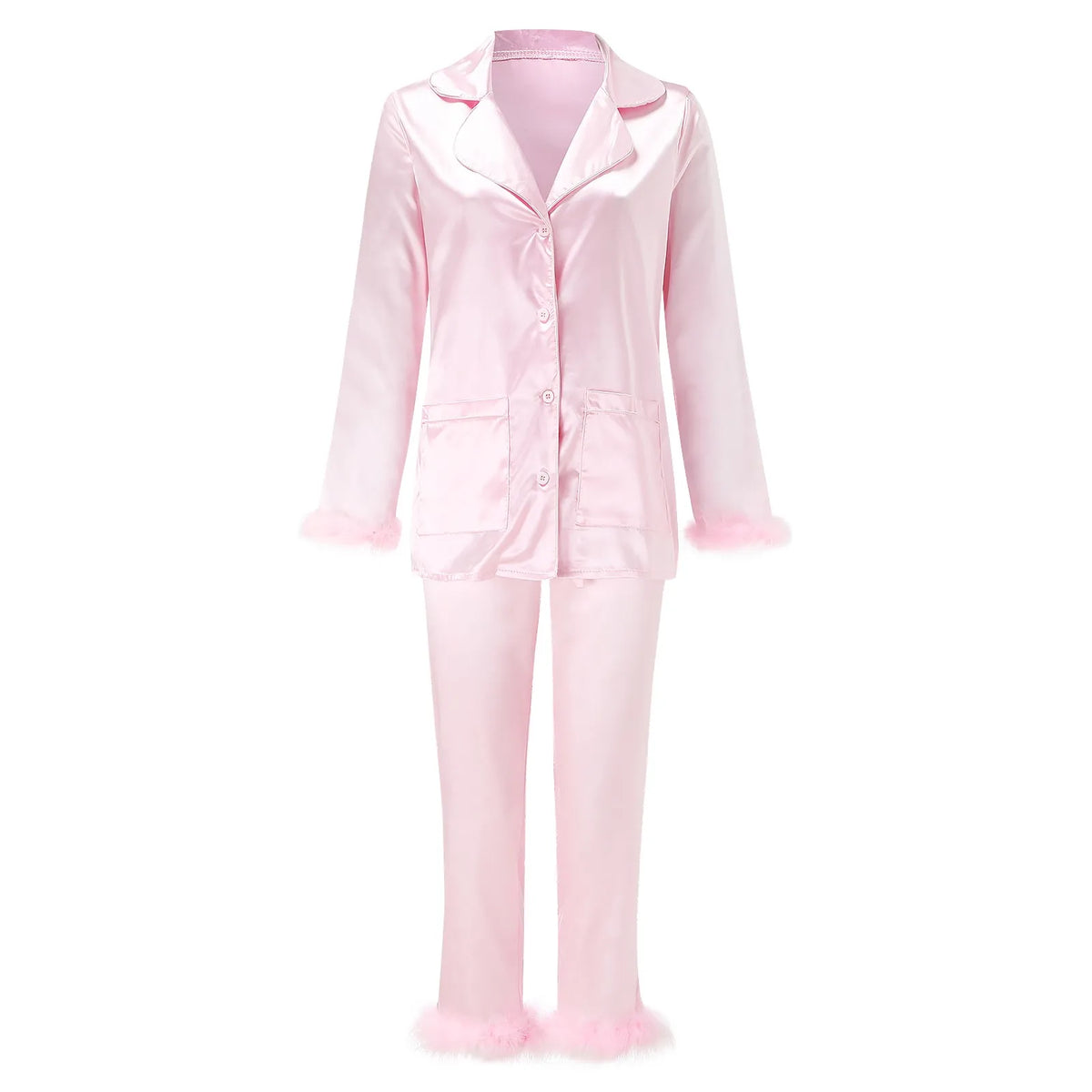 Luxurious Two-Piece Button-Down Pajama Set with Dramatic Feather Trim Accents