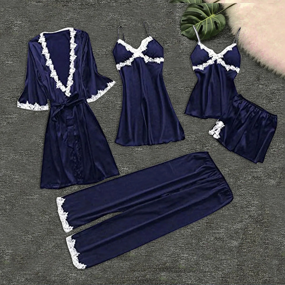 Striking 5-Piece Emerald Green Loungewear Set with Contrast White Lace Detailing
