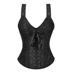 Red and Black Polka Dot Overbust Corset with Lace Overlay and Ruffled Trim