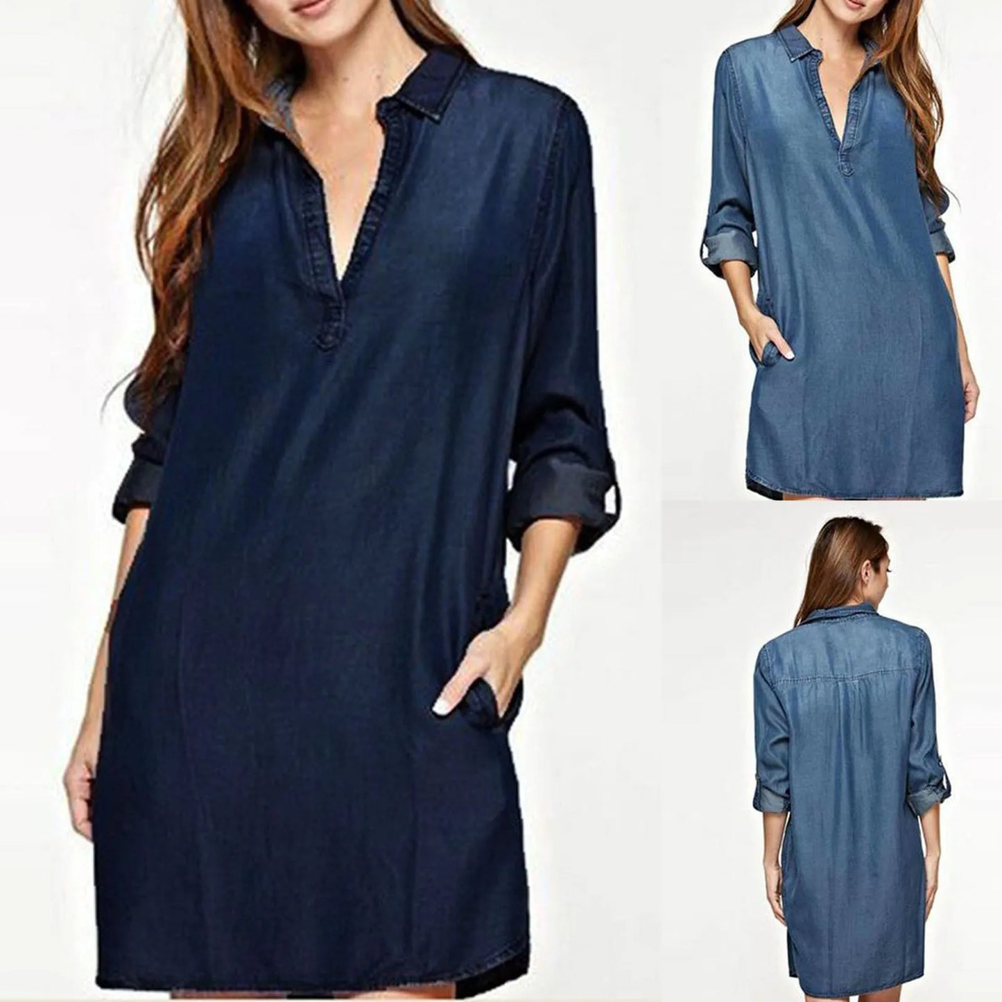 Relaxed Denim Inspired Shirt Mini Dress with V Neck and Long Sleeves