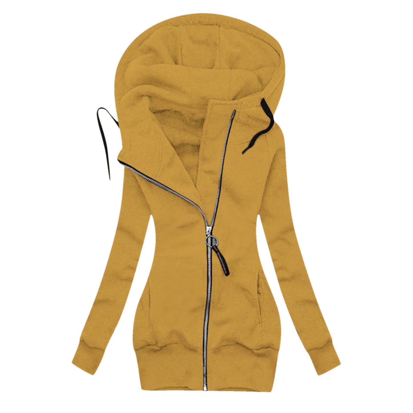 Women's Long Hooded Zip Jacket with Slim Fit Everyday Streetwear Layering Design