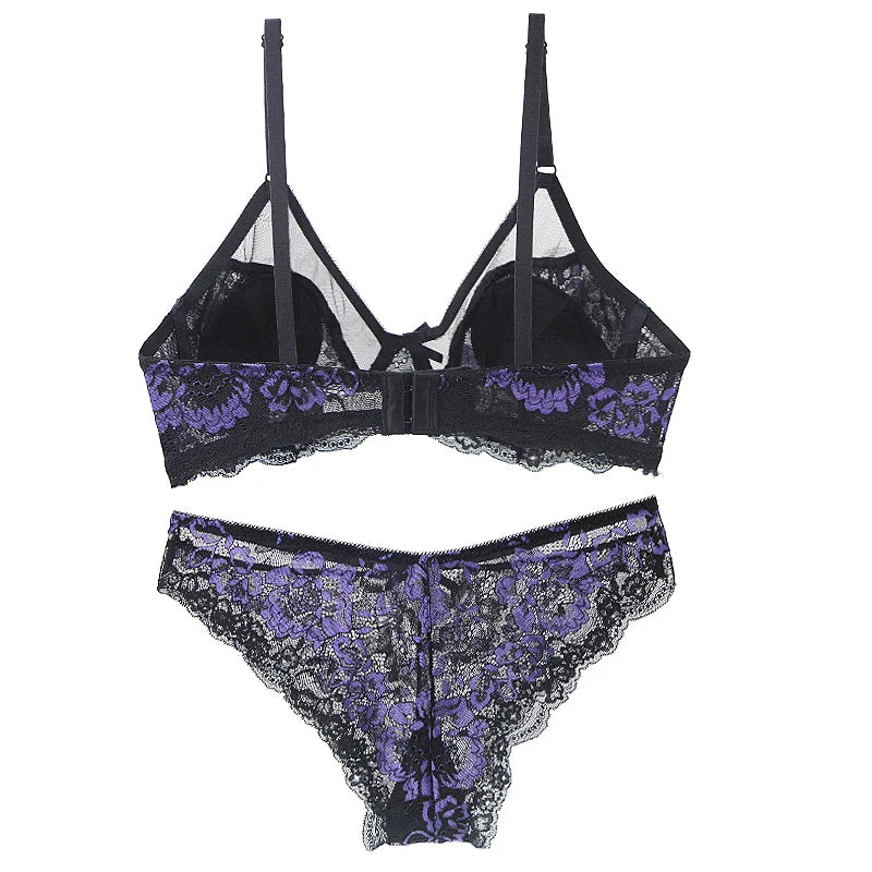 Emerald Green and Black Floral Lace Underwire Bra and Panty Set with Strappy Accents