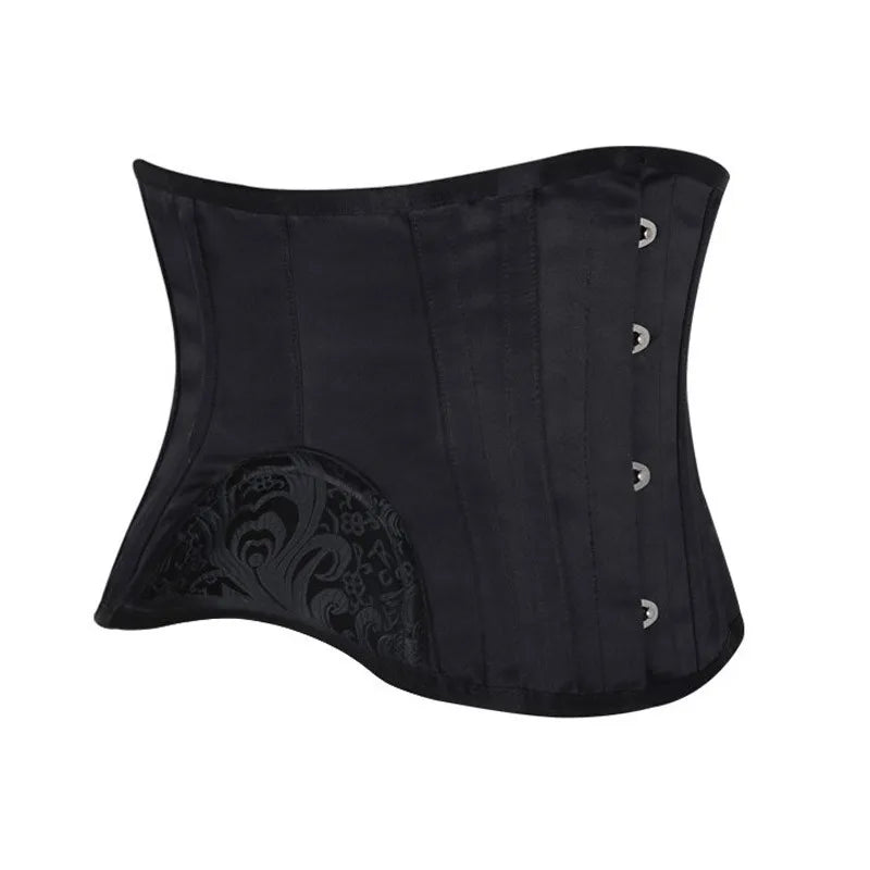 Classic Black Underbust Corset with Metal Busk and Floral Jacquard Panels