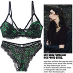 Emerald Green and Black Floral Lace Underwire Bra and Panty Set with Strappy Accents