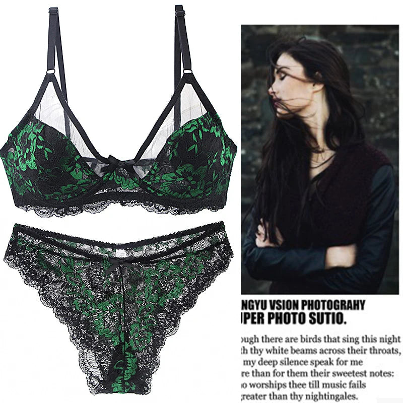 Emerald Green and Black Floral Lace Underwire Bra and Panty Set with Strappy Accents