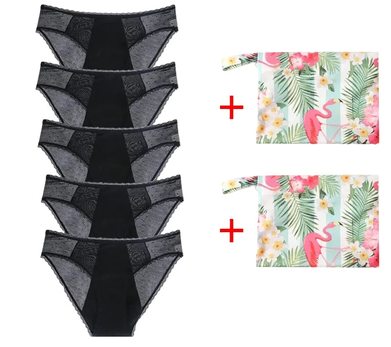 Five-Piece Black Menstrual Brief Set with Sheer Mesh Panels and Travel Bags