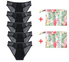 Five-Piece Black Menstrual Brief Set with Sheer Mesh Panels and Travel Bags