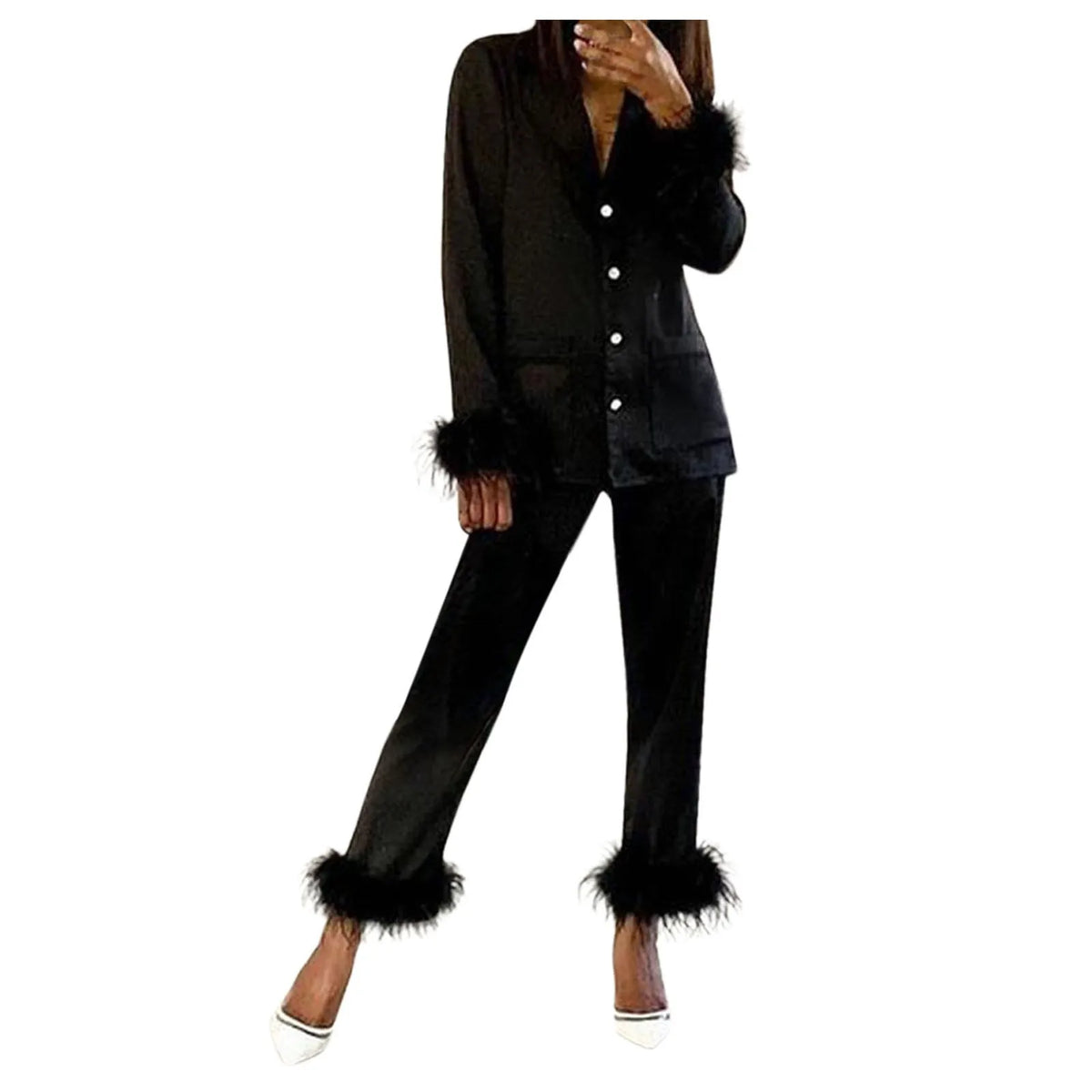 Luxurious Two-Piece Button-Down Pajama Set with Dramatic Feather Trim Accents