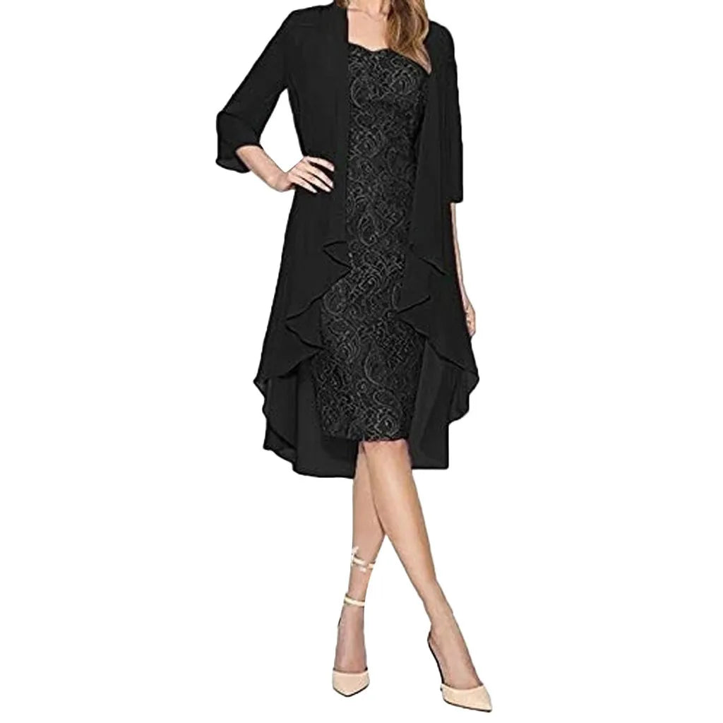 Elegant Two-Piece Lace Midi Dress and Flowing Sheer Duster Jacket Set