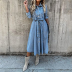 Women's Denim Shirt Midi Dress with Long Sleeves, Tie Waist and Relaxed A-Line Silhouette