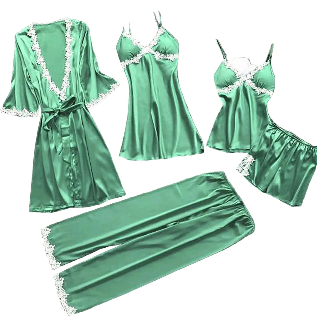 Striking 5-Piece Emerald Green Loungewear Set with Contrast White Lace Detailing