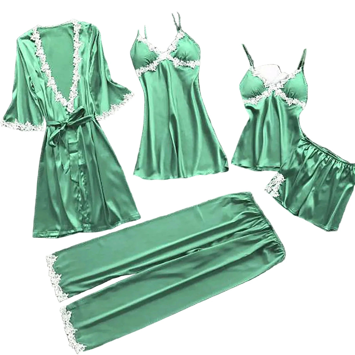 Striking 5-Piece Emerald Green Loungewear Set with Contrast White Lace Detailing