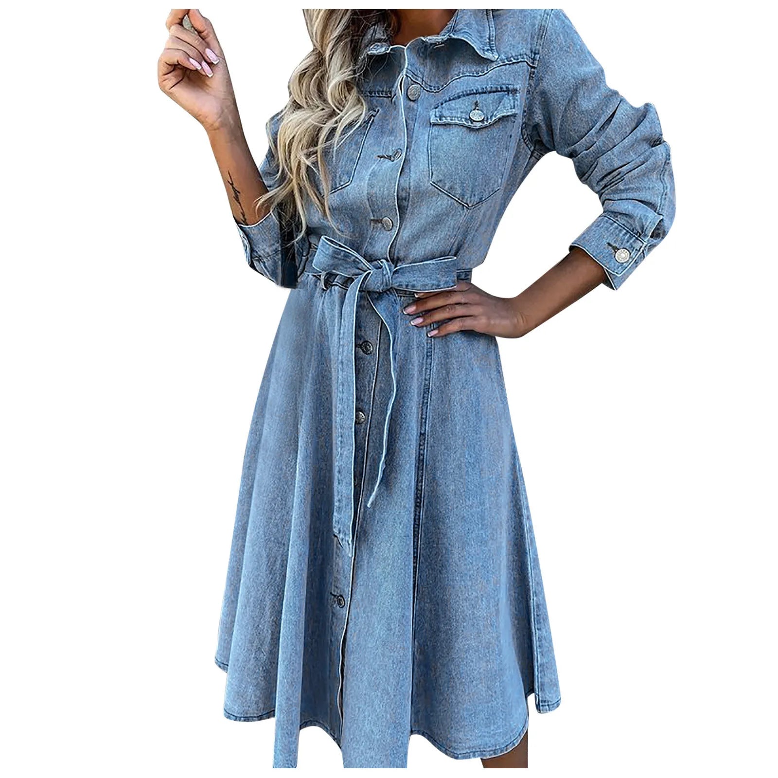 Women's Denim Shirt Midi Dress with Long Sleeves, Tie Waist and Relaxed A-Line Silhouette