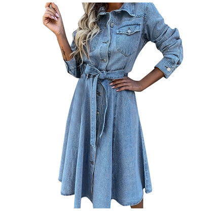 Women's Denim Shirt Midi Dress with Long Sleeves, Tie Waist and Relaxed A-Line Silhouette