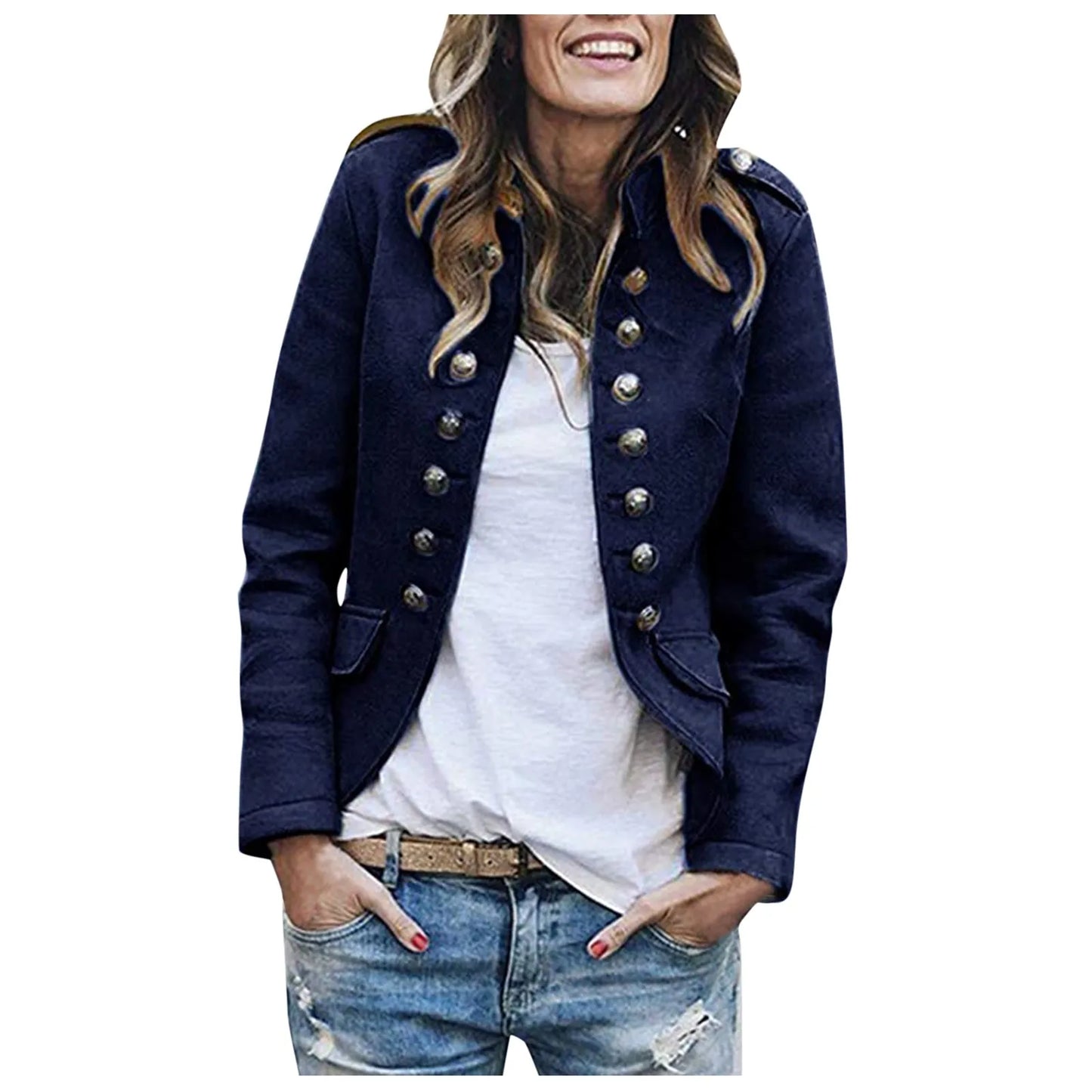 Women's Double Breasted Button Jacket Tailored Casual Layering Coat with Functional Pocket Design