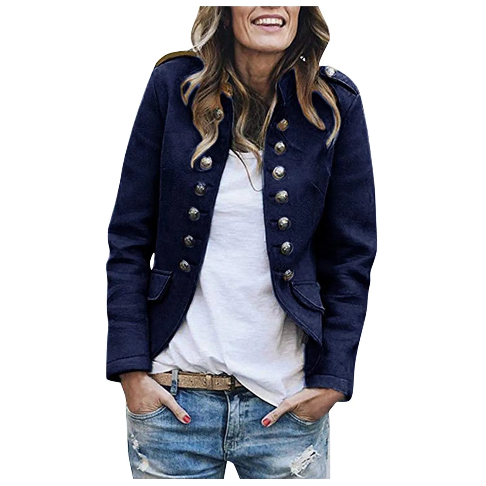 Women's Double Breasted Button Jacket Tailored Casual Layering Coat with Functional Pocket Design