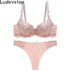 Sophisticated Two-Tone Floral Lace Push-Up Bra and Thong Ensemble