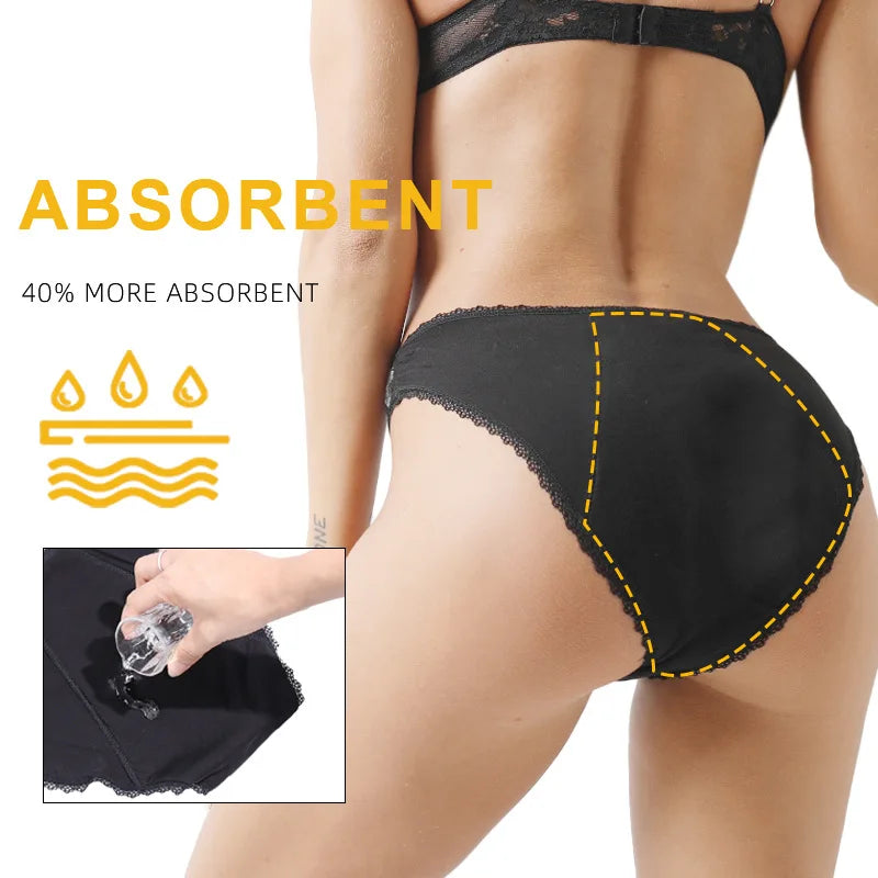 Five-Piece Black Menstrual Brief Set with Sheer Mesh Panels and Travel Bags