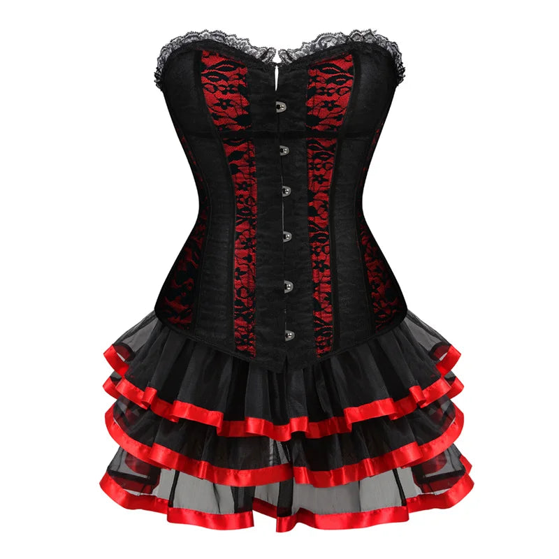 Dramatic Red and Black Lace Overbust Corset with Sweetheart Neckline and Front Busk