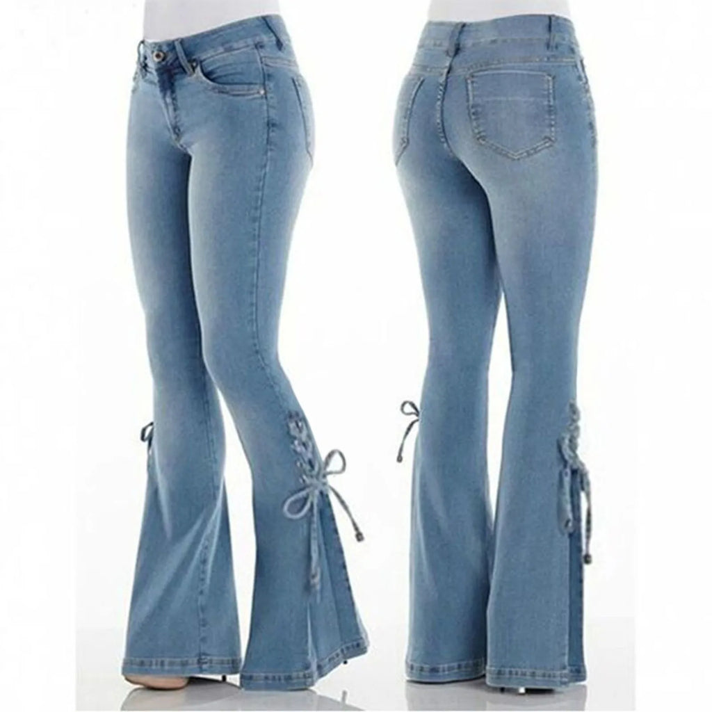 Women's High Waist Flared Stretch Denim Jeans with Lace-Up Streetwear Bell Bottom Style