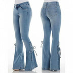 Women's High Waist Flared Stretch Denim Jeans with Lace-Up Streetwear Bell Bottom Style