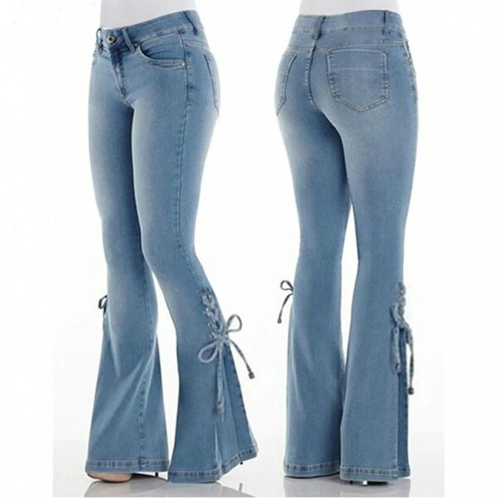 Women's High Waist Flared Stretch Denim Jeans with Lace-Up Streetwear Bell Bottom Style