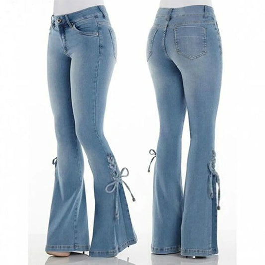 Women's High Waist Flared Stretch Denim Jeans with Lace-Up Streetwear Bell Bottom Style