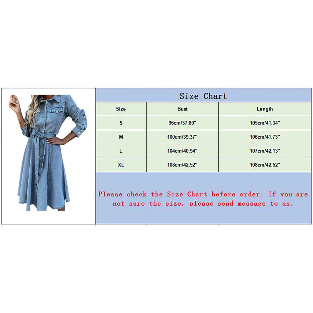 Women's Denim Shirt Midi Dress with Long Sleeves, Tie Waist and Relaxed A-Line Silhouette