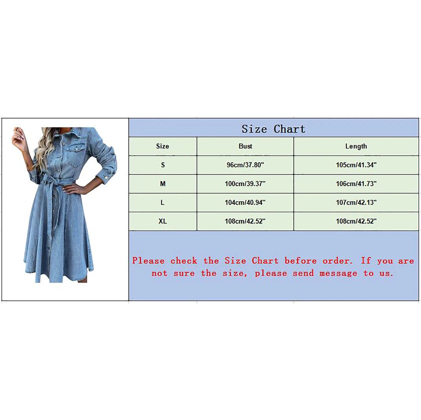 Women's Denim Shirt Midi Dress with Long Sleeves, Tie Waist and Relaxed A-Line Silhouette
