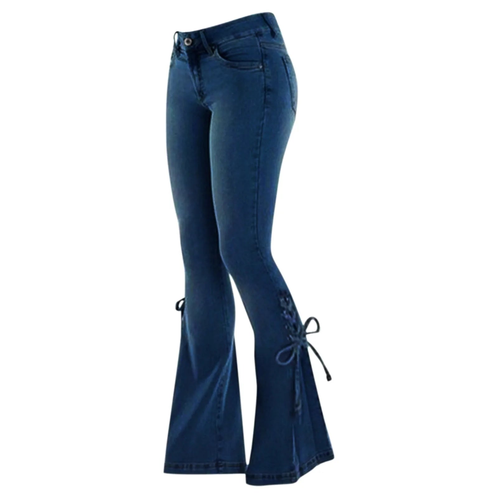 Women's High Waist Flared Stretch Denim Jeans with Lace-Up Streetwear Bell Bottom Style