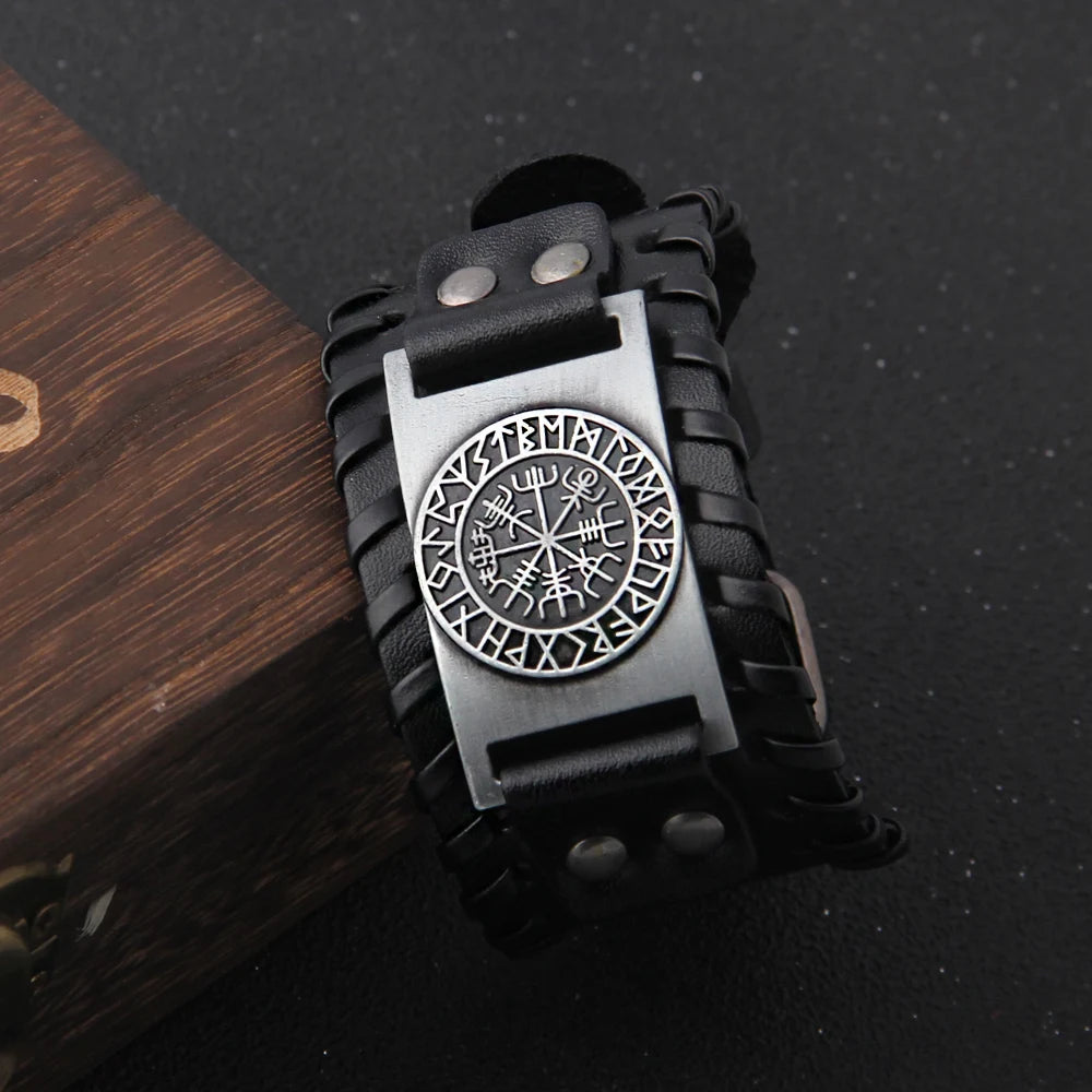 Wide Punk Braided Cuff Bracelet with Rugged Nordic Inspired Detailing
