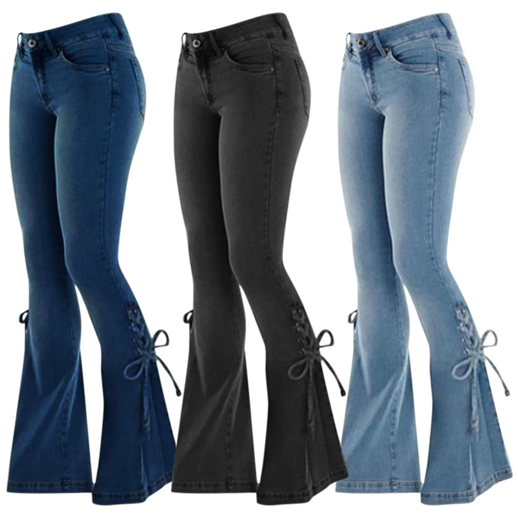 Women's High Waist Flared Stretch Denim Jeans with Lace-Up Streetwear Bell Bottom Style