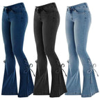 Women's High Waist Flared Stretch Denim Jeans with Lace-Up Streetwear Bell Bottom Style
