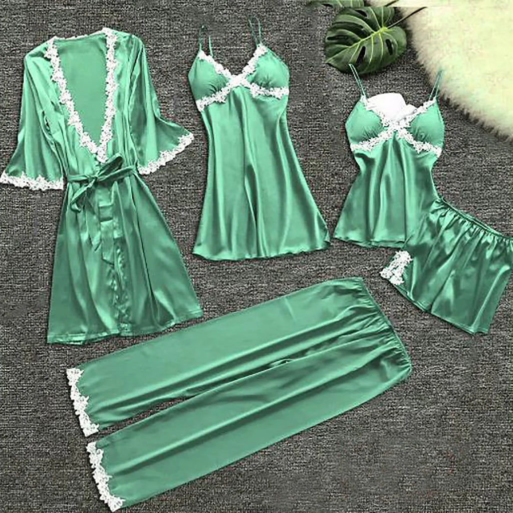 Striking 5-Piece Emerald Green Loungewear Set with Contrast White Lace Detailing