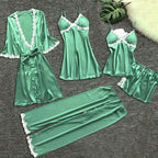 Striking 5-Piece Emerald Green Loungewear Set with Contrast White Lace Detailing