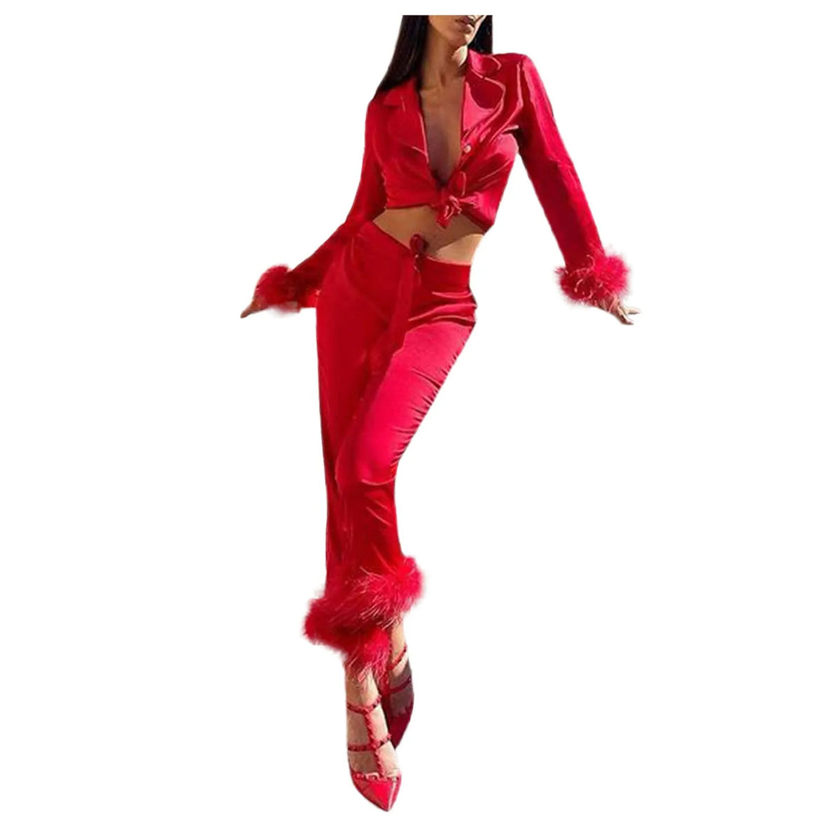 Luxurious Two-Piece Button-Down Pajama Set with Dramatic Feather Trim Accents