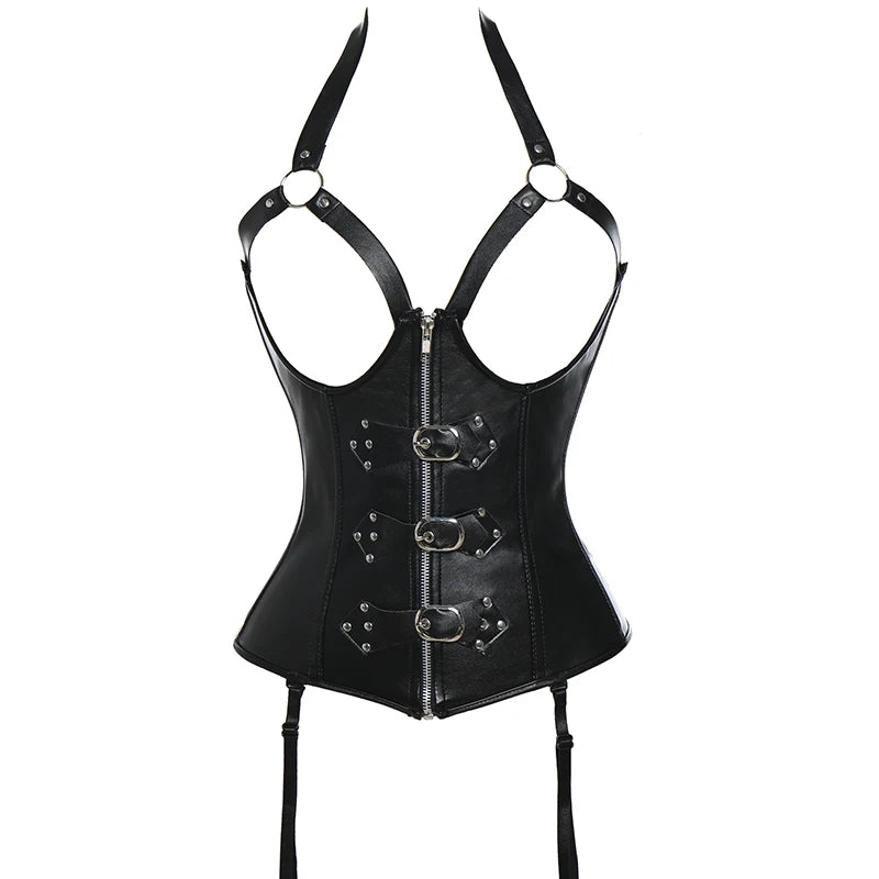 Edgy Black Faux Leather Underbust Harness Corset with Garter Straps