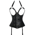 Edgy Black Faux Leather Underbust Harness Corset with Garter Straps