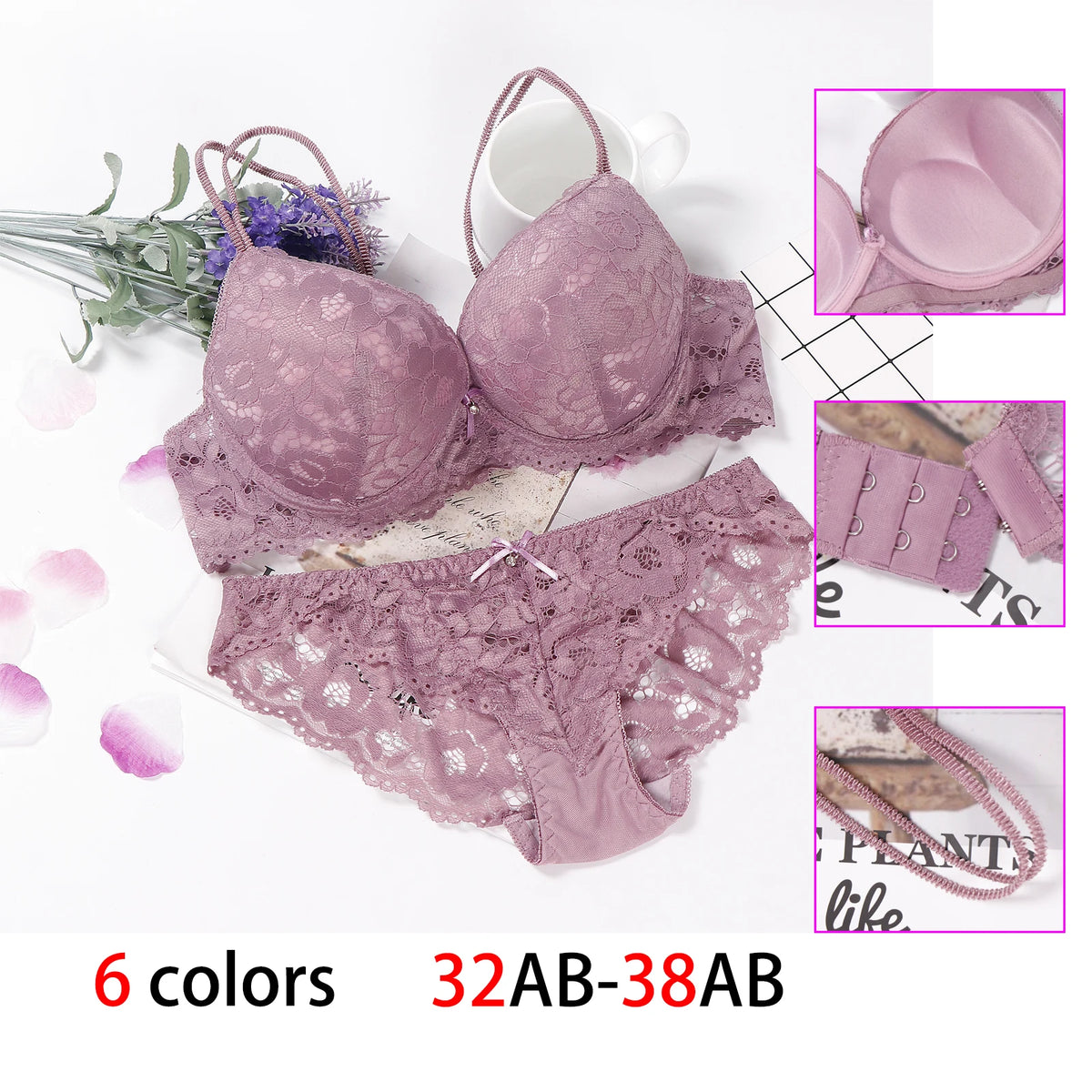 Romantic Light Pink Floral Lace Underwire Bra and Textured Panty Set