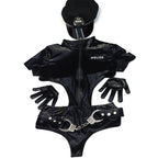 Glossy Black Faux Leather Police Bodysuit with Zip-Front and Side Cutouts