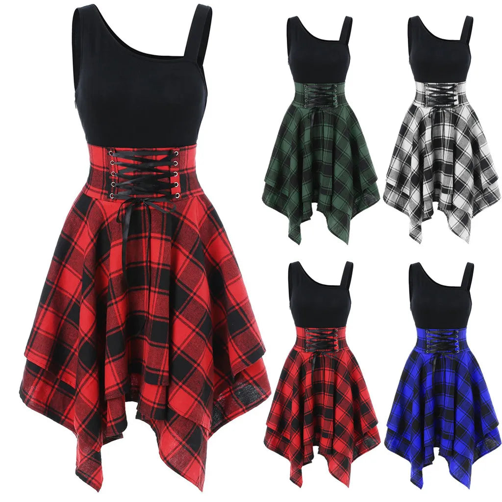 Gothic Plaid Skater Dress with Alternative Fashion Style