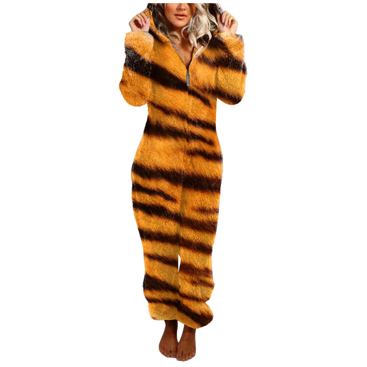 Plush Tiger Stripe Hooded Onesie Pajamas for Women, Long-Sleeve Full-Length Fleece Jumpsuit with Cozy Animal Print