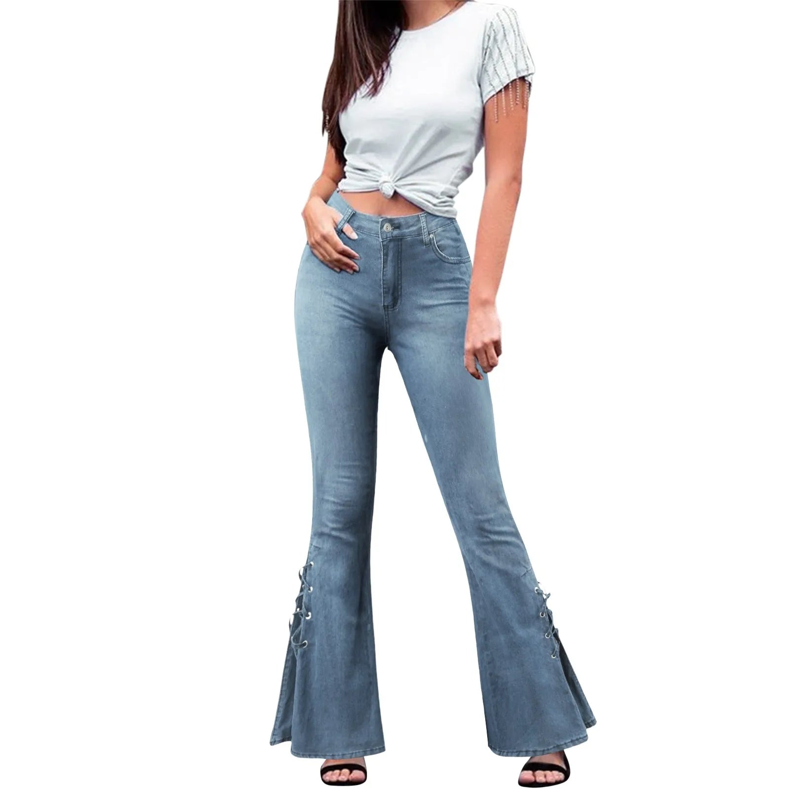 Women's High Waist Flared Stretch Denim Jeans with Lace-Up Streetwear Bell Bottom Style