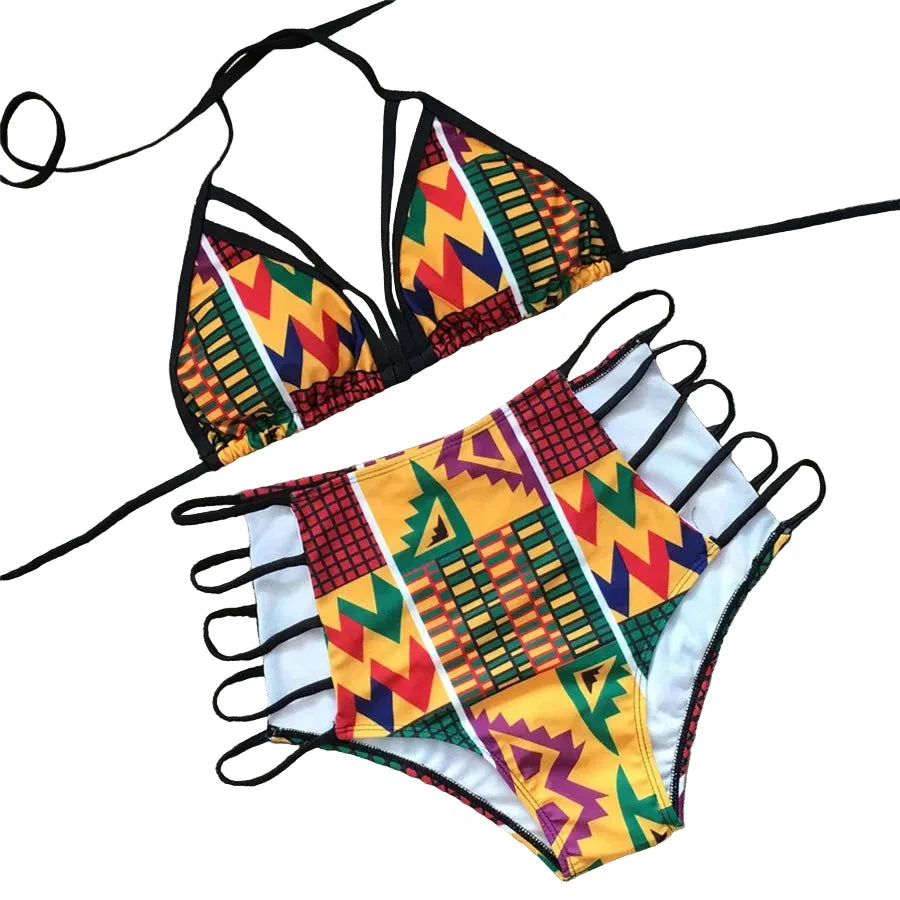 Vibrant Geometric Print High-Waisted Bikini with Strappy Cutout Details