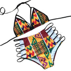Vibrant Geometric Print High-Waisted Bikini with Strappy Cutout Details