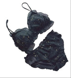Black Star Print Wire-Free Bra and Ruffled Panty Set with Gold Accents