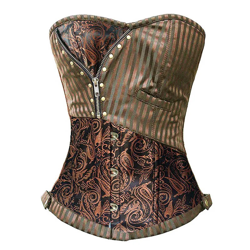 Vintage Brocade Corset Top with Buckle Accents and Lace-Up Back Design